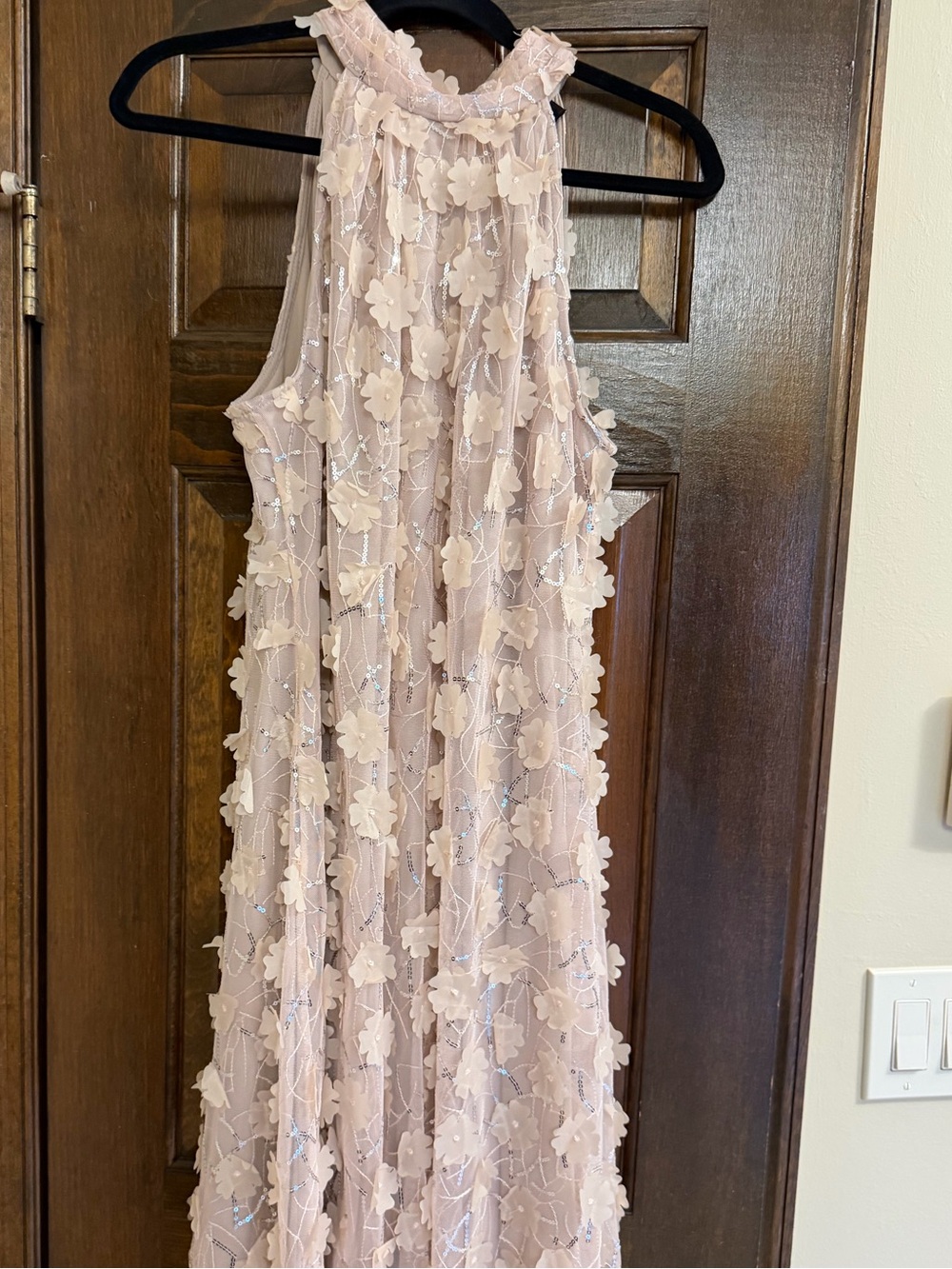 Beautiful MSK Soft Champagne Halter 3D Floral Appliqué Dress -NWT Size L